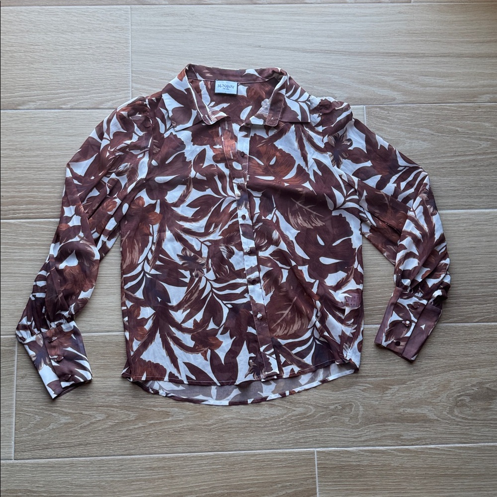 RUNAWAY brown Leaf‎ Print Sheer Chiffon Button Up Blouse Shirt Top Women's large